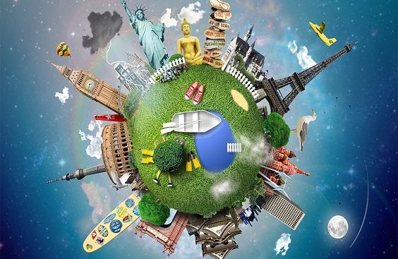 Small planet with landmarks around the world